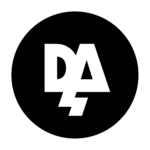 Dan Almasy logo - DA with a lightning bolt graphic. Black circle with white text